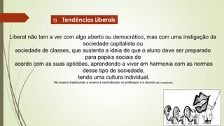 1) Tendências Liberais
Liberal não tem a ver com algo aberto ou democrático, mas com uma instigação da
sociedade capitalista ou
sociedade de classes, que sustenta a ideia de que o aluno deve ser preparado
para papéis sociais de
acordo com as suas aptidões, aprendendo a viver em harmonia com as normas
desse tipo de sociedade,
tendo uma cultura individual.
No ensino tradicional, o ensino é centralizado no professor e o alunos são receptores.
 