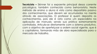 Tecnicista – Skinner foi o expoente principal dessa corrente
psicológica, também conhecida como behaviorista. Neste
método de ensino o aluno é visto como depositário passivo
dos conhecimentos, que devem ser acumulados na mente
através de associações. O professor é quem deposita os
conhecimentos, pois ele é visto como um especialista na
aplicação de manuais; sendo sua prática extremamente
controlada. Articula-se diretamente com o sistema produtivo,
com o objetivo de aperfeiçoar a ordem social vigente, que é
o capitalismo, formando mão de obra especializada para o
mercado de trabalho.
 