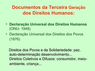 Documentos da Terceira Geração
dos Direitos Humanos:
• Declaração Universal dos Direitos Humanos
(ONU- 1948)
• Declaração Universal dos Direitos dos Povos
(1976)
Direitos dos Povos e da Solidariedade: paz,
auto-determinação desenvolvimento...
Direitos Coletivos e Difusos: consumidor, meio-
ambiente, criança...
 