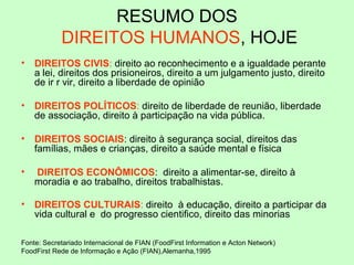 RESUMO DOS
DIREITOS HUMANOS, HOJE
• DIREITOS CIVIS: direito ao reconhecimento e a igualdade perante
a lei, direitos dos prisioneiros, direito a um julgamento justo, direito
de ir r vir, direito a liberdade de opinião
• DIREITOS POLÍTICOS: direito de liberdade de reunião, liberdade
de associação, direito à participação na vida pública.
• DIREITOS SOCIAIS: direito à segurança social, direitos das
famílias, mães e crianças, direito a saúde mental e física
• DIREITOS ECONÔMICOS: direito a alimentar-se, direito à
moradia e ao trabalho, direitos trabalhistas.
• DIREITOS CULTURAIS: direito à educação, direito a participar da
vida cultural e do progresso cientifico, direito das minorias
Fonte: Secretariado Internacional de FIAN (FoodFirst Information e Acton Network)
FoodFirst Rede de Informação e Ação (FIAN),Alemanha,1995
 