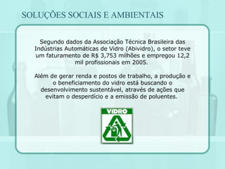 SOLUÇÕES SOCIAIS E AMBIENTAIS Segundo dados da Associação Técnica Brasileira das Indústrias Automáticas de Vidro (Abividro), o setor teve um faturamento de R$ 3,753 milhões e empregou 12,2 mil profissionais em 2005.  Além de gerar renda e postos de trabalho, a produção e o beneficiamento do vidro está buscando o desenvolvimento sustentável, através de ações que evitam o desperdício e a emissão de poluentes.  