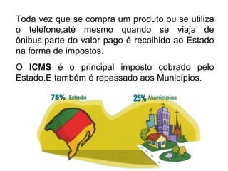Toda vez que se compra um produto ou se utiliza o telefone,até mesmo quando se viaja de ônibus,parte do valor pago é recolhido ao Estado na forma de impostos. O  ICMS  é o principal imposto cobrado pelo Estado.E também é repassado aos Municípios. 75% 25% 