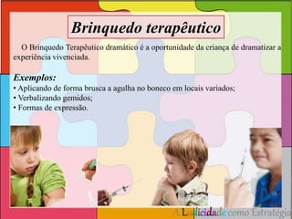 Brinquedo terapêutico 
O Brinquedo Terapêutico dramático é a oportunidade da criança de dramatizar a 
A Ludicidade como Estratégia 
experiência vivenciada. 
Exemplos: 
• Aplicando de forma brusca a agulha no boneco em locais variados; 
• Verbalizando gemidos; 
• Formas de expressão. 
 