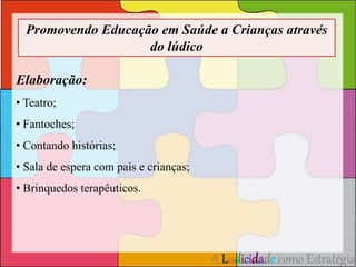 Promovendo Educação em Saúde a Crianças através 
A Ludicidade como Estratégia 
do lúdico 
Elaboração: 
• Teatro; 
• Fantoches; 
• Contando histórias; 
• Sala de espera com pais e crianças; 
• Brinquedos terapêuticos. 
 