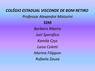 COLÉGIO ESTADUAL VISCONDE DE BOM RETIRO
Professor Alexandre Misturini
32M
Barbara Ribeiro
Joel Sperafico
Kamila Czys
Laisa Coletti
Marina Filippon
Rafaela Zauza
 