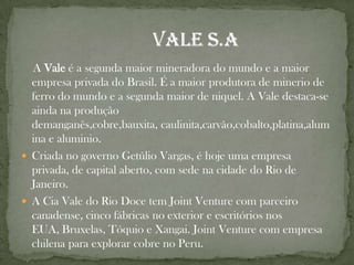     A Vale é a segunda maior mineradora do mundo e a maior empresa privada do Brasil. É a maior produtora de minerio de ferro do mundo e a segunda maior de niquel. A Vale destaca-se ainda na produção demanganês,cobre,bauxita, caulinita,carvão,cobalto,platina,alumina e aluminio. Criada no governo Getúlio Vargas, é hoje uma empresa privada, de capital aberto, com sede na cidade do Rio de Janeiro.A Cia Vale do Rio Doce tem Joint Venture com parceiro canadense, cinco fábricas no exterior e escritórios nos EUA, Bruxelas, Tóquio e Xangai. Joint Venture com empresa chilena para explorar cobre no Peru.                            Vale S.A