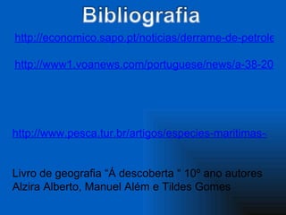 http://economico.sapo.pt/noticias/derrame-de-petroleo-no-golfo-do-mexico-pode-demorar-meses_87896.html http://www1.voanews.com/portuguese/news/a-38-2010-04-27-voa1-92517549.html http://www.pesca.tur.br/artigos/especies-maritimas-ameacadas/ Livro de geografia “Á descoberta “ 10º ano autores Alzira Alberto, Manuel Além e Tildes Gomes    