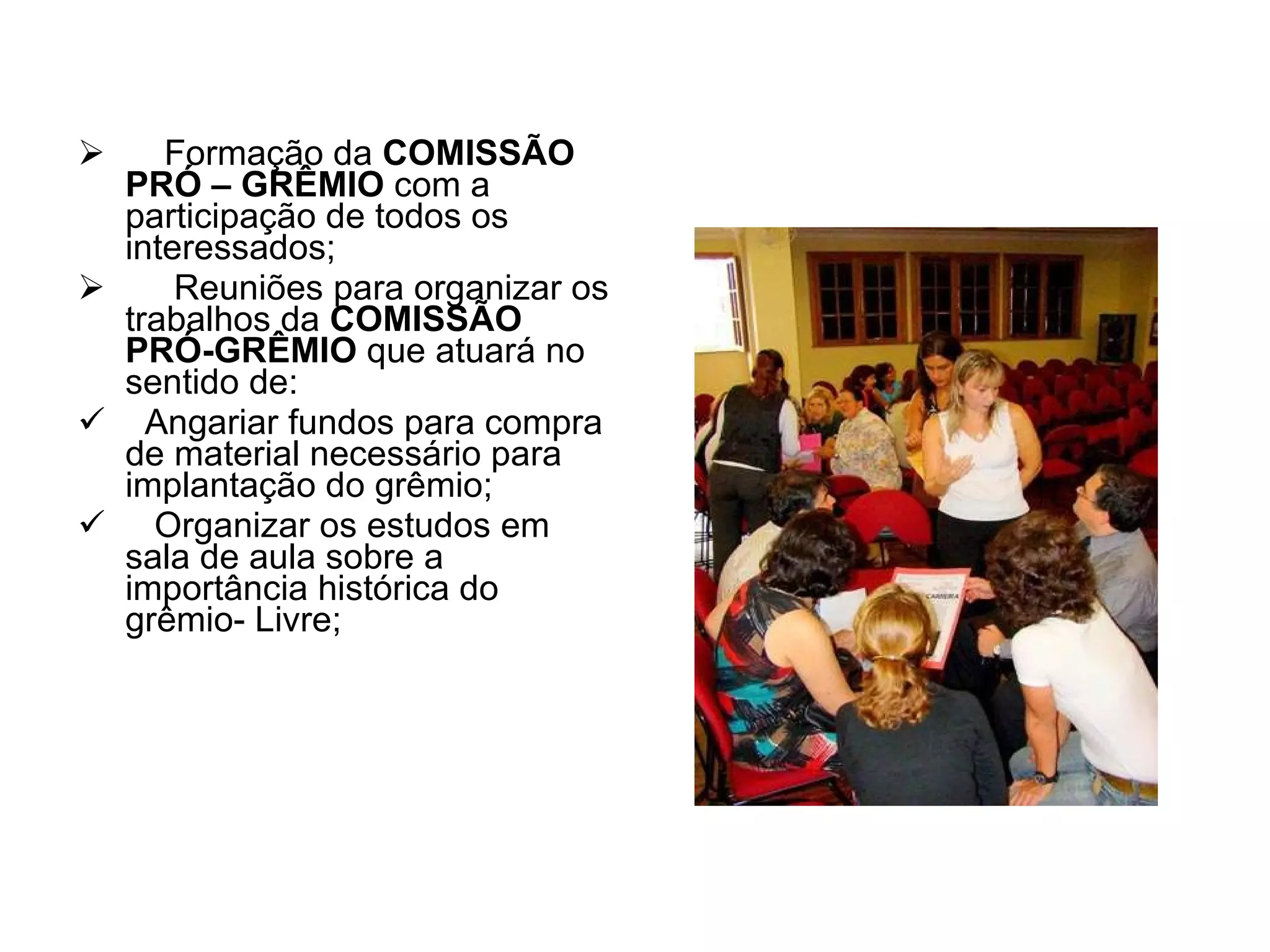 Formação da  COMISSÃO PRÓ – GRÊMIO  com a participação de todos os interessados;    Reuniões para organizar os trabalhos da  COMISSÃO PRÓ-GRÊMIO  que atuará no sentido de:     Angariar fundos para compra de material necessário para implantação do grêmio;      Organizar os estudos em sala de aula sobre a importância histórica do grêmio- Livre;  