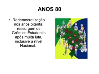 ANOS 80 Redemocratização nos anos oitenta, ressurgem os Grêmios Estudantis após muita luta, inclusive a nível Nacional.  