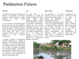 Parâmetros Físicos
Turbidez:
A turbidez da água se deve à existência de
partículas em suspensão, de diferentes
tamanhos e natureza química. Ex.: argila,
compostos de origem vegetal,
microrganismos.
É uma expressão da propriedade óptica
que faz com que a luz seja espalhada e
absorvida, e não transmitida em linha reta
através da amostra. A turbidez na água é
causada por materiais em suspensão, tais
como: argila, silte, M.O. e M,.I.,
compostos orgânicos solúveis coloridos,
plâncton e outros organismo
microscópicos.
A turbidez é medida em equipamentos
chamados turbidímetros, e a unidade de
medida é o UNT (unidade nefelométrica
de turbidez). A turbidez das águas brutas
varia bastante, desde valores menores que
dez, em lagos, até milhares de unidades
em rios bastante poluídos. A água tratada
deve apresentar turbidez menor que 1,0
UNT, para que o processo de desinfecção
seja eficiente e para atendimento do
padrão de potabilidade vigente.
Cor:
Na água bruta, a cor
normalmente é causada por
compostos orgânicos de origem
vegetal. Alguns destes
compostos podem originar,
quando submetidos à cloração,
os chamados trihalometanos,
suspeitos de serem agentes
cancerígenos. Por isto, a água
tratada deve apresentar valores
de cor inferiores a 15 unidades.
A cor pode ser dividida em cor
real e cor aparente. Nas
estações de tratamento
normalmente mede-se a cor
aparente, em equipamentos
chamados colorímetros.
Sabor e Odor:
Este parâmetro é de difícil
avaliação, visto que a análise de
sabor e odor é bastante subjetiva e
depende das habilidades e
treinamento dos analistas.
Na água bruta, a presença de sabor
e odor se deve,predominantemente,
a compostos orgânicos originados
pela atividade metabólica de
algumas espécies de algas. O
tratamento convencional não
remove completamente estas
substâncias, sendo necessário,
muitas vezes, a utilização de
carvão ativado para remoção das
mesmas.
Temperatura:
A temperatura tem
influência em todas
as etapas do
tratamento, e,
também, na
determinação de
alguns parâmetros
químicos, tais como
pH e solubilidade
de gases. Daí a
importância do
monitoramento da
mesma nas águas
bruta e tratada.
 