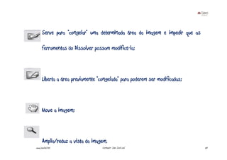Serve para “congelar” uma determinada área da imagem e impedir que as

      ferramentas do Dissolver possam modificá-la;



      Liberta a área previamente “congelada” para poderem ser modificadas;



      Move a imagem;



      Amplia/reduz a vista da imagem.
www.joaoleal.net                   Formador: João José Leal                   28
 