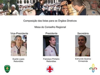 Vice-Presidente Composição das listas para os Órgãos Diretivos Mesa do Conselho Regional Presidente Secretário Francisco Pinheiro Rebordões Duarte Lopes Rebordões Francisco Pinheiro Rebordões Edmundo Queiroz Ermesinde 
