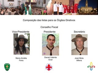 Composição das listas para os Órgãos Diretivos Conselho Fiscal Presidente Vice-Presidente Secretário Daniel Valente Ovar José Mota Alfena Maria Amélia Feira 