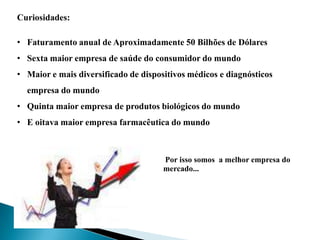 Curiosidades:
• Faturamento anual de Aproximadamente 50 Bilhões de Dólares
• Sexta maior empresa de saúde do consumidor do mundo
• Maior e mais diversificado de dispositivos médicos e diagnósticos
empresa do mundo
• Quinta maior empresa de produtos biológicos do mundo
• E oitava maior empresa farmacêutica do mundo
Por isso somos a melhor empresa do
mercado...
 