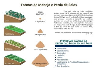 Formas de Manejo e Perda de Solos
Para cada quilo de grãos produzido,
perdem- se de 6 a 10 quilos de solo por erosão. O país
como um todo desperdiça cerca de 1 bilhão de toneladas
de solo fértil por ano. A perda da fertilidade causada por
esse processo aumenta a demanda por produtos
químicos, não somente por fertilizantes, mas também por
herbicidas e pesticidas, uma vez que plantas malnutridas
são mais vulneráveis às doenças. Essa erosão não para por
aí tem os cursos de água como seu destino final,
assoreando os leitos dos rios.
Almanaque Brasil socioambiental. São Paulo: Instituto Socioambiental, 2004.
p. 106 e 275.
 