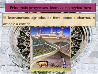 6 
Principais progressos técnicos na agricultura 
 Instrumentos agrícolas de ferro, como a charrua, o 
arado e a enxada. 
 