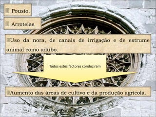 8 
 Pousio. 
 Arroteias 
Uso da nora, de canais de irrigação e de estrume 
animal como adubo. 
Todos estes factores conduziram 
Aumento das áreas de cultivo e da produção agrícola. 
 