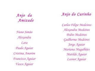 Anjo da
Amizade
Nuno Simão
Alexandra
Lara
Paulo Aguiar
Cristina Amorim
Francisco Aguiar
Vasco Aguiar
Anjo do Carinho
Carlos Filipe Medeiros
Alexandra Medeiros
Pedro Medeiros
Guilherme Medeiros
Jorge Aguiar
Mariana Magalhães
Matilde Aguiar
Leonor Aguiar
 