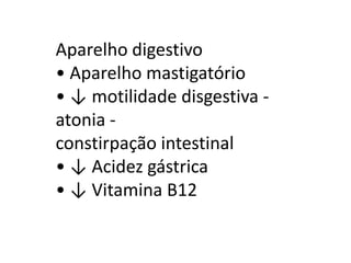 Aparelho digestivo
• Aparelho mastigatório
• ↓ motilidade disgestiva atonia constirpação intestinal
• ↓ Acidez gástrica
• ↓ Vitamina B12

 