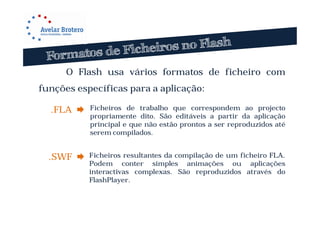 O Flash usa vários formatos de ficheiro com
funções específicas para a aplicação:

  .FLA    Ficheiros de trabalho que correspondem ao projecto
           propriamente dito. São editáveis a partir da aplicação
           principal e que não estão prontos a ser reproduzidos até
           serem compilados.


  .SWF    Ficheiros resultantes da compilação de um ficheiro FLA.
           Podem conter simples animações ou aplicações
           interactivas complexas. São reproduzidos através do
           FlashPlayer.
 