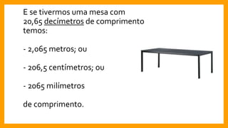 E se tivermos uma mesa com
20,65 decímetros de comprimento
temos:
- 2,065 metros; ou
- 206,5 centímetros; ou
- 2065 milímetros
de comprimento.
 