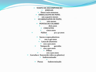 TEMPO DE DECOMPOSIÇÃO  JORNAIS   Duas a seis semanasEMBALAGENS DE PAPEL  um a quatro meses  GUARDANAPOS DE PAPEL         três mesesPONTAS DE CIGARRO                dois anosCHICLETES          cinco anos              Náilon                30 a 40 anos Sacos e copos plásticos     200 a 450 anosLatas de alumínio 100 a 500 anos      Tampas de          garrafas100 a 500 anosPilhas                100 a 500 anosGarrafas e  frascos(de vidro ou plástico)         Indeterminado Pneus           Indeterminado