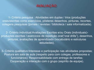 1- Critério pesquisa : Atividades em duplas / trios (produções
orais/escritas como exercícios, pôsteres desenhos, pinturas, recortes,
colagens pesquisas (jornais / revistas / biblioteca / sala informatizada).

   2- Critério individual:Avaliações Escritas e/ou Orais (individuais)-
produções escritas / exercícios de repetição oral(“oral drills”), desenhos,
     pinturas, avaliações de aprendizado (vocabulário e estruturas
                                estudadas).

3- Critério qualitativo:Interesse e participação nas atividades propostas;
  Postura em sala de aula (respeito para com colegas, professores e
        funcionários); Responsabilidade com entrega de tarefas;
        Cooperação e interação com o grupo (espírito de equipe).
 