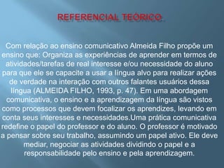 Com relação ao ensino comunicativo Almeida Filho propõe um
ensino que: Organiza as experiências de aprender em termos de
 atividades/tarefas de real interesse e/ou necessidade do aluno
para que ele se capacite a usar a língua alvo para realizar ações
   de verdade na interação com outros falantes usuários dessa
   língua (ALMEIDA FILHO, 1993, p. 47). Em uma abordagem
  comunicativa, o ensino e a aprendizagem da língua são vistos
como processos que devem focalizar os aprendizes, levando em
conta seus interesses e necessidades.Uma prática comunicativa
redefine o papel do professor e do aluno. O professor é motivado
a pensar sobre seu trabalho, assumindo um papel ativo. Ele deve
       mediar, negociar as atividades dividindo o papel e a
       responsabilidade pelo ensino e pela aprendizagem.
 