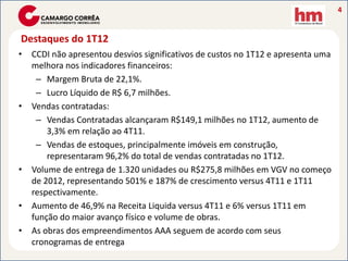 4


Destaques do 1T12
•   CCDI não apresentou desvios significativos de custos no 1T12 e apresenta uma
    melhora nos indicadores financeiros:
     – Margem Bruta de 22,1%.
     – Lucro Líquido de R$ 6,7 milhões.
•   Vendas contratadas:
     – Vendas Contratadas alcançaram R$149,1 milhões no 1T12, aumento de
        3,3% em relação ao 4T11.
     – Vendas de estoques, principalmente imóveis em construção,
        representaram 96,2% do total de vendas contratadas no 1T12.
•   Volume de entrega de 1.320 unidades ou R$275,8 milhões em VGV no começo
    de 2012, representando 501% e 187% de crescimento versus 4T11 e 1T11
    respectivamente.
•   Aumento de 46,9% na Receita Liquida versus 4T11 e 6% versus 1T11 em
    função do maior avanço físico e volume de obras.
•   As obras dos empreendimentos AAA seguem de acordo com seus
    cronogramas de entrega
 