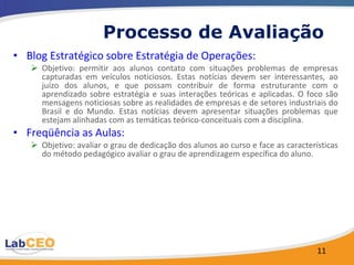 Processo de Avaliação Blog Estratégico sobre Estratégia de Operações: Objetivo: permitir aos alunos contato com situações problemas de empresas capturadas em veículos noticiosos. Estas notícias devem ser interessantes, ao juízo dos alunos, e que possam contribuir de forma estruturante com o aprendizado sobre estratégia e suas interações teóricas e aplicadas. O foco são mensagens noticiosas sobre as realidades de empresas e de setores industriais do Brasil e do Mundo. Estas notícias devem apresentar situações problemas que estejam alinhadas com as temáticas teórico-conceituais com a disciplina. Freqüência as Aulas: Objetivo: avaliar o grau de dedicação dos alunos ao curso e face as características do método pedagógico avaliar o grau de aprendizagem específica do aluno.  