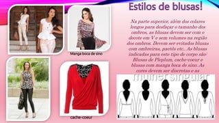 Na parte superior, além dos colares
longos para desfaçar o tamanho dos
ombros, as blusas devem ser com o
decote em V e sem volumes na região
dos ombros. Devem ser evitados blusas
com ombreiras, paetês etc.. As blusas
indicadas para este tipo de corpo são:
Blusas de Pleplum, cache-coeur e
blusas com manga boca de sino. As
cores devem ser discretas e as
estampas devem ser pequenas quanto
maior a estampa mais ela aumentará
as proporções.
cache-coeur
Manga boca de sino
 