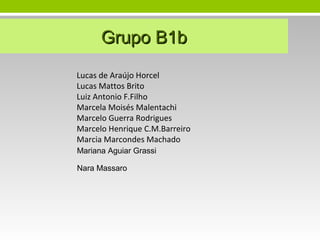 Grupo B1b
Lucas de Araújo Horcel
Lucas Mattos Brito
Luiz Antonio F.Filho
Marcela Moisés Malentachi
Marcelo Guerra Rodrigues
Marcelo Henrique C.M.Barreiro
Marcia Marcondes Machado
Mariana Aguiar Grassi
Nara Massaro

 