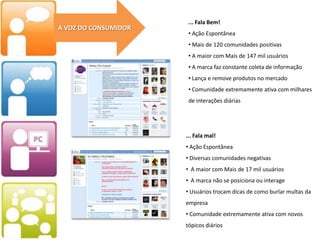 1995ConexãoPrimeiros contatos com a RedeConexão discada, BBS, IRCE-mailGrandes Portais começam a se posicionarPrimeiros contatos com as marcasSem diálogo, comunicação de mão única1998Conhecimento2002BuscaO Poder da Escolha!Seleção de conteúdo relevanteBatalha por alcançar o consumidor na busca2005ProduçãoBlogs e FotologsÁlbuns de Imagens e Sites de VídeoProduza conteúdo, mostre para todo mundo!2007ColaboraçãoRedes Sociais e troca de conteúdo e idéias Conteúdo ColaborativoConhecimento Coletivo
