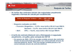 Reajuste de Tarifas

• As tarifas dos contratos iniciais são reajustadas anualmente
  seguindo a fórmula de cálculo pré-estabelecida:

         Índice de Reajuste Tarifário = VPA + VPB x IGP-M
                                               Receita

   • Reajustes realizados em 2005:
       • Fevereiro: Bragantina = 12,4%, nova tarifa é R$ 65,3 por MW/h
                  Nacional = 12,4%, nova tarifa é R$ 69,4 por MW/h
       • Abril:   CPFL = 10,6%, nova tarifa é R$ 73,8 por MW/h


• A tarifa do contrato bilateral com a Eletropaulo é reajustada
  anualmente, em julho, pela variação do IGP-M
   • Em janeiro de 2005, 25% da energia vendida através dos contratos
     iniciais foi descontratada passando a ser comercializado através do
     contrato bilateral. Assim, 75% da energia vendida passou a ser
     comercializada através do contrato bilateral.



                                                                             17
 
