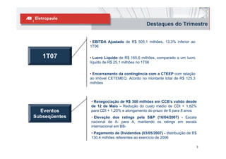 Destaques do Trimestre


               • EBITDA Ajustado de R$ 505,1 milhões, 13,3% inferior ao
                         j                ,         ,   ,
               1T06

   1T07        • Lucro Líquido de R$ 165,6 milhões, comparado a um lucro
               líquido de
               lí id d R$ 25 1 milhões no 1T06
                            25,1 ilhõ


               • Encerramento da contingência com a CTEEP com relação
               ao imóvel CETEMEQ. Acordo no montante total de R$ 125,3
               milhões




               • Renegociação de R$ 300 milhões em CCB’s valido desde
               de 12 de Maio – Redução do custo médio de CDI + 1,82%
  Eventos      para CDI + 1,20% e alongamento do prazo de 6 para 8 anos
Subseqüentes   • Elevação dos ratings pela S&P (16/04/2007) - Escala
               nacional de A- para A, mantendo os ratings em escala
               internacional em BB-
               • Pagamento de Dividendos (03/05/2007) - distribuição de R$
               130,4 milhões referentes ao exercício de 2006

                                                                           3
 