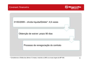 Covenant financeiro
31/03/2009 – dívida líquida/Ebitda*: 4,6 vezes
Obtenção de waiver: prazo 90 dias
Processo de renegociação do contrato
11* Considera-se o Ebitda dos últimos 12 meses, incluindo a LWB e as novas regras da MP 449.
 