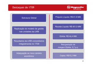 Destaques do 1T09
Estrutura Global Prejuízo Líquido: R$ 61,9 MMEstrutura Global
$
Replicação do modelo de gestão
nas unidades da LWB
Receita Líquida: R$ 451,0 MM
Resultados da LWB consolidados
Ebitda: R$ 44,4 MM
Resultados da LWB consolidados
integralmente no 1T09 Recuperação de
margem Ebitda: 3,7 p.p.
Adequação ao novo cenário
econômico Capex: R$10,2 MM
2
econômico p $ ,
 