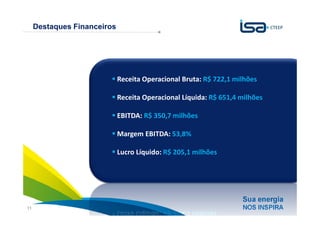 Destaques Financeiros




                             Receita Operacional Bruta: R$ 722,1 milhões

                             Receita Operacional Líquida: R$ 651,4 milhões

                             EBITDA: R$ 350,7 milhões

                             Margem EBITDA: 53,8%

                             Lucro Líquido: R$ 205,1 milhões




                                                                   Sua energia
11                                                                 NOS INSPIRA
 