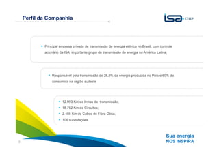 Perfil da Companhia


                      A estratégia da CTEEP é baseada no crescimento sustentável
                                            com foco na contínua criação de valor
            Principal empresa privada de transmissão de energia elétrica no Brasil, com controle
            acionário da ISA, importante grupo de transmissão de energia na América Latina;




                Responsável pela transmissão de 28,8% da energia produzida no País e 60% da
                consumida na região sudeste




                       12.993 Km de linhas de transmissão;
                       18.782 Km de Circuitos;
                       2.488 Km de Cabos de Fibra Ótica;
                       106 subestações.



                                                                                            Sua energia
3                                                                                           NOS INSPIRA
 