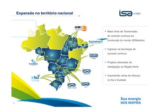 Expansão no território nacional

IE MADEIRA
   2.375 km
                                      Maior linha de Transmissão
de extensão
                                      de corrente contínua em
                                      construção do mundo (IEMadeira)


                                      Ingresso na tecnologia de
                                      corrente contínua


                                      Projetos relevantes de
                                      interligação na Região Norte


                                      Importantes obras de reforços
                                      no Sul e Sudeste




                                                 Sua energia
5                                                NOS INSPIRA
 