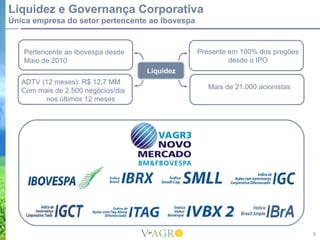 Liquidez e Governança Corporativa
Única empresa do setor pertencente ao Ibovespa


   Pertencente ao Ibovespa desde                 Presente em 100% dos pregões
   Maio de 2010                                           desde o IPO
                                    Liquidez
   ADTV (12 meses): R$ 12,7 MM
                                                    Mais de 21.000 acionistas
   Com mais de 2.500 negócios/dia
         nos últimos 12 meses




                                                                                6
 