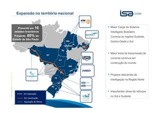 Sua energia
NOS INSPIRA4
Expansão no território nacional
Maior Carga do Sistema
Interligado Brasileiro
Conecta as regiões Sudeste,
Centro-Oeste e Sul
Maior linha de transmissão de
corrente contínua em
construção do mundo
Projetos relevantes de
interligação na Região Norte
Importantes obras de reforços
no Sul e Sudeste
Presente em 16
estados brasileiros
Presente 80% do
Estado de São Paulo
Presente em 16
estados brasileiros
Presente 80% do
Estado de São Paulo
 