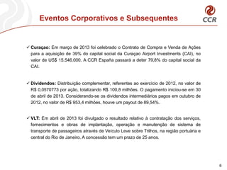 Eventos Corporativos e Subsequentes
6
 Curaçao: Em março de 2013 foi celebrado o Contrato de Compra e Venda de Ações
para a aquisição de 39% do capital social da Curaçao Airport Investments (CAI), no
valor de US$ 15.546.000. A CCR España passará a deter 79,8% do capital social da
CAI.
 Dividendos: Distribuição complementar, referentes ao exercício de 2012, no valor de
R$ 0,0570773 por ação, totalizando R$ 100,8 milhões. O pagamento iniciou-se em 30
de abril de 2013. Considerando-se os dividendos intermediários pagos em outubro de
2012, no valor de R$ 953,4 milhões, houve um payout de 89,54%.
 VLT: Em abril de 2013 foi divulgado o resultado relativo à contratação dos serviços,
fornecimentos e obras de implantação, operação e manutenção de sistema de
transporte de passageiros através de Veículo Leve sobre Trilhos, na região portuária e
central do Rio de Janeiro. A concessão tem um prazo de 25 anos.
 