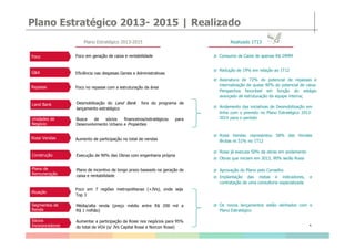 Foco
G&A
Repasse
Plano Estratégico 2013- 2015 | Realizado
Foco em geração de caixa e rentabilidade
Foco no repasse com a estruturação da área
Eficiência nas despesas Gerais e Administrativas
Plano Estratégico 2013-2015 Realizado 1T13
Consumo de Caixa de apenas R$ 24MM
Redução de 19% em relação ao 1T12
Assinatura de 72% do potencial de repasses e
internalização de quase 90% do potencial de caixa.
Perspectiva favorável em função do estágio
avançado de estruturação da equipe interna;
Land Bank Desmobilização do Land Bank fora do programa de
lançamento estratégico
Unidades de
Negócio
Busca de sócios financeiros/estratégicos para
Desenvolvimento Urbano e Properties
Andamento das iniciativas de Desmobilização em
linha com o previsto no Plano Estratégico 2013-
2015 para o período
4
Sócios
Incorporadores
Rossi Vendas
Atuação
Segmentos de
Renda
Aumentar a participação da Rossi nos negócios para 95%
do total de VGV (s/ JVs Capital Rossi e Norcon Rossi)
Aumento de participação no total de vendas
Foco em 7 regiões metropolitanas (+JVs), onde seja
Top 3
Média/alta renda (preço médio entre R$ 200 mil a
R$ 1 milhão)
Rossi Vendas representou 58% das Vendas
Brutas vs 51% no 1T12
Construção
Plano de
Remuneração
Execução de 90% das Obras com engenharia própria
Plano de incentivo de longo prazo baseado na geração de
caixa e rentabilidade
Rossi já executa 50% da obras em andamento
Obras que iniciam em 2013, 90% serão Rossi
Aprovação do Plano pelo Conselho
Implantação das metas e indicadores, e
contratação de uma consultoria especializada
Negócio Desenvolvimento Urbano e Properties
Os novos lançamentos estão alinhados com o
Plano Estratégico
 