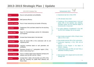 Focus
G&A
Financing Transfers
2013-2015 Strategic Plan | Update
Focus on cash generation and profitability
Focus in house restructuring and transfer of financing
G&A Expenses efficiency
2013-2015 Strategic Plan Achievements 1Q13
Operational Cash Burn of R$ 24 MM
19% decrease versus 1Q12
Transferring 72% of potential clients in 1Q13 and
almost 90% of the potential cash collecting.
Favorable outlook due the advanced stages of
structuring the in house team
Land Bank Disablement of the Land Bank outside from the launching
pipeline
Business Units Search for financial/strategic partners for Urbanizadora
and Properties
On going initiatives of disablement in line with
the 2013-2015 Strategic Plan for the quarter
4
Partners
Rossi Vendas
Operation
Income Segment
increase Rossi´s stake in the launches up to 95% of the
total PSV, excluding JVs Capital Rossi (Manaus) and
Norcon Rossi
Increase Rossi Vendas stake in the total sales
Operations focused on 7 metropolitan regions (+JVs),
where it ranks among Top 3
Focus on medium-/high-income segments (average price
between entre R$ 200 k and R$ 1 million)
Rossi Vendas amounted to 58% of Rossi’s Gross
Sales vs 51% in 1Q12
Construction
Compensation plan
Rossi will execute 90% of the construction with its own
engineering team
Long-term incentives based on cash generation and
profitability
Rossi already executes 50% of the constructions
Construction beginning in 2013, 90% will be
Rossi´s
Approval of the Program in the Board of
Director´s Meeting
Implementing goals and KPIs and also hiring a
specialized consulting company
and Properties
New launches will be aligned with the 2013-2015
Strategic Plan
 