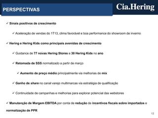 12
PERSPECTIVAS
 Sinais positivos de crescimento
 Aceleração de vendas do 1T13, clima favorável e boa performance do showroom de inverno
 Hering e Hering Kids como principais avenidas de crescimento
 Guidance de 77 novas Hering Stores e 30 Hering Kids no ano
 Retomada de SSS normalizado a partir de março
 Aumento de preço médio principalmente via melhorias de mix
 Ganho de share no canal varejo multimarcas via estratégia de qualificação
 Continuidade de campanhas e melhorias para explorar potencial das webstores
 Manutenção de Margem EBITDA por conta de redução de incentivos fiscais sobre importados e
normalização de PPR
 