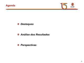 voltar início
Agenda
3
Destaques
Análise dos Resultados
Perspectivas
 