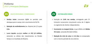 Profarma | Histórico Alocação de Capital
Profarma
1T17 | Principais Destaques
9
GRUPO PROFARMA | CONSOLIDADO
• Vendas totais cresceram 8,1% no período com
destaque para o varejo, com crescimento de 56,7%.
• Redução do endividamento (ex- Rosário) de 2,7x para
2,5x.
• Lucro Líquido ajustado melhor em R$ 3,9 milhões,
excluindo os efeitos dos investimentos na Divisão
Varejo e os resultados de Rosário.
• Evolução de 3,4% nas vendas, entregando pelo 5º
trimestre consecutivo crescimento acima de 2 dígitos
no segmento de clientes independentes.
• Incremento na margem bruta, o que refletiu em Ebitda
5% maior, somando R$ 18,8 milhões.
• Redução do ciclo de caixa em 2,5 dias na comparação
com o mesmo período do ano anterior.
DISTRIBUIÇÃO FARMA
 