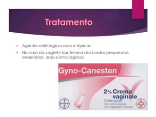

Agentes antifúngicos orais e tópicos;



No caso da vaginite bacteriana são usados preparados
anaeróbios orais e intravaginais;

 