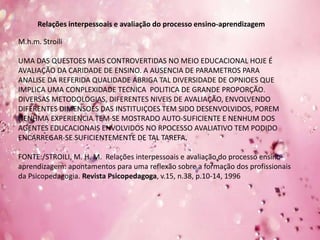 Relações interpessoais e avaliação do processo ensino-aprendizagem
M.h.m. Stroili
UMA DAS QUESTOES MAIS CONTROVERTIDAS NO MEIO EDUCACIONAL HOJE É
AVALIAÇÃO DA CARIDADE DE ENSINO. A AUSENCIA DE PARAMETROS PARA
ANALISE DA REFERIDA QUALIDADE ABRIGA TAL DIVERSIDADE DE OPNIOES QUE
IMPLICA UMA CONPLEXIDADE TECNICA POLITICA DE GRANDE PROPORÇÃO.
DIVERSAS METODOLOGIAS, DIFERENTES NIVEIS DE AVALIAÇÃO, ENVOLVENDO
DIFERENTES DIMENSOES DAS INSTITUIÇOES TEM SIDO DESENVOLVIDOS, POREM
NENHMA EXPERIENCIA TEM-SE MOSTRADO AUTO-SUFICIENTE E NENHUM DOS
AGENTES EDUCACIONAIS ENVOLVIDOS NO RPOCESSO AVALIATIVO TEM PODIDO
ENCARREGAR-SE SUFICIENTEMENTE DE TAL TAREFA.
FONTE:/STROILI, M. H. M. Relações interpessoais e avaliação do processo ensino-
aprendizagem: apontamentos para uma reflexão sobre a formação dos profissionais
da Psicopedagogia. Revista Psicopedagoga, v.15, n.38, p.10-14, 1996
 